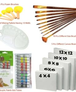 33 Pcs/Set Value Pack For Artist - Canvases, Acrylic Paints 6ml, Multi Shape Brushes, Foam Brushes And Large Mixing Pallate