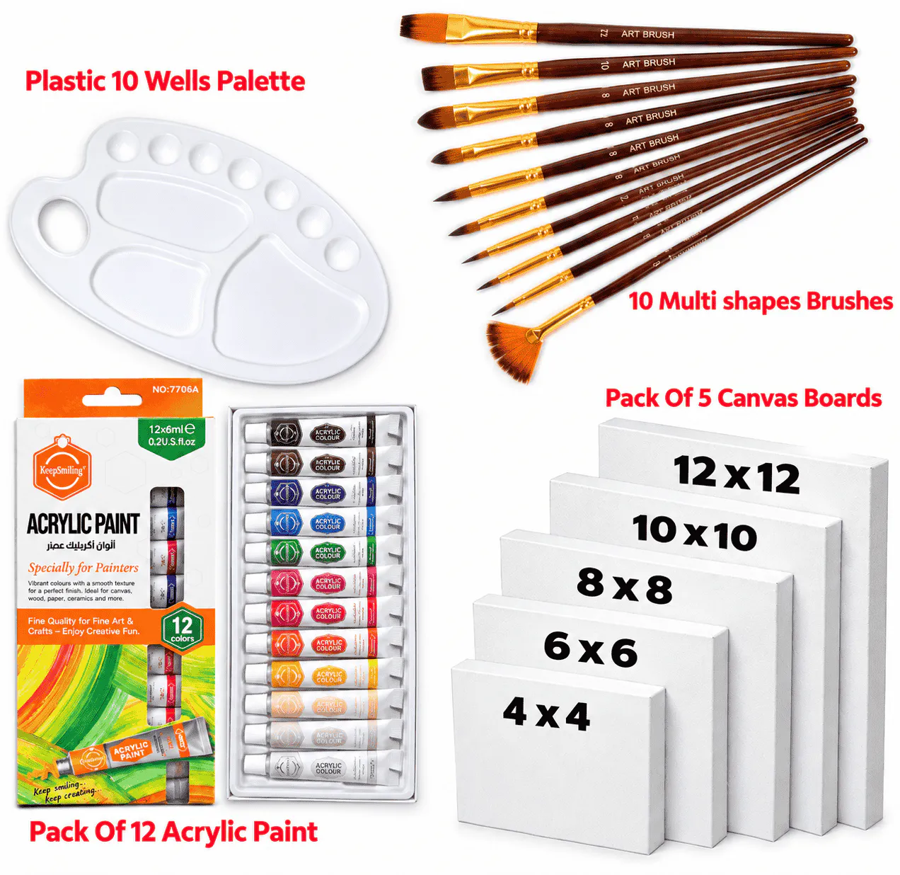 Complete acrylic painting kit with acrylic paints, brushes and canvas